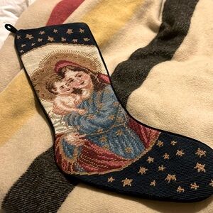 Vtg needlepoint Christmas stocking Mary baby Jesus Olde World European velour